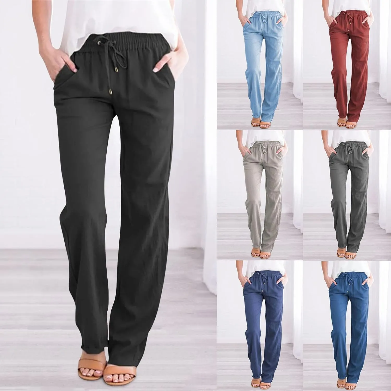 Women Summer Linen Cotton Trousers Drawstring Elastic High Waisted Casual Pants Straight Leg Beach Lounge Pants with Pocket