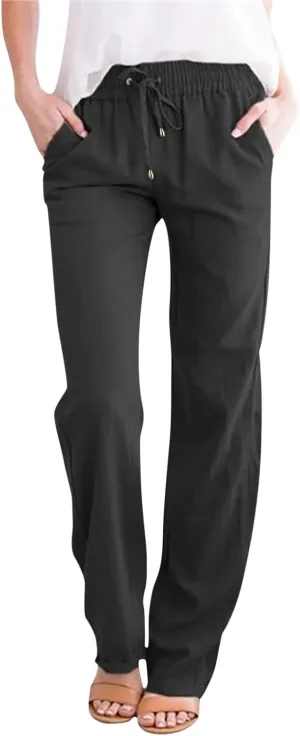 Women Summer Linen Cotton Trousers Drawstring Elastic High Waisted Casual Pants Straight Leg Beach Lounge Pants with Pocket