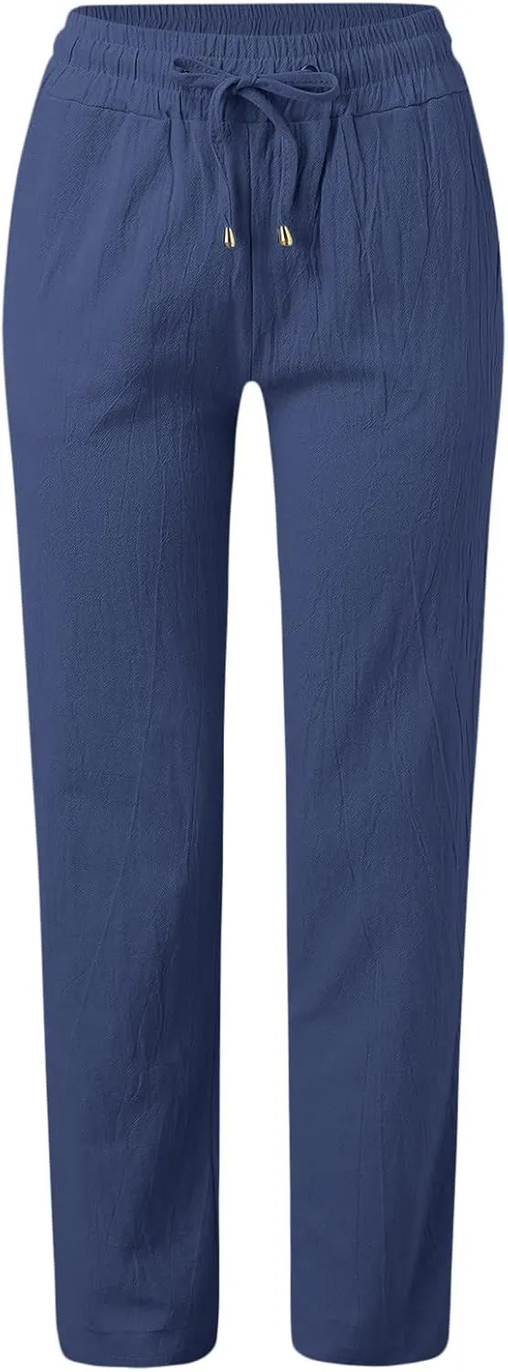 Women Summer Linen Cotton Trousers Drawstring Elastic High Waisted Casual Pants Straight Leg Beach Lounge Pants with Pocket