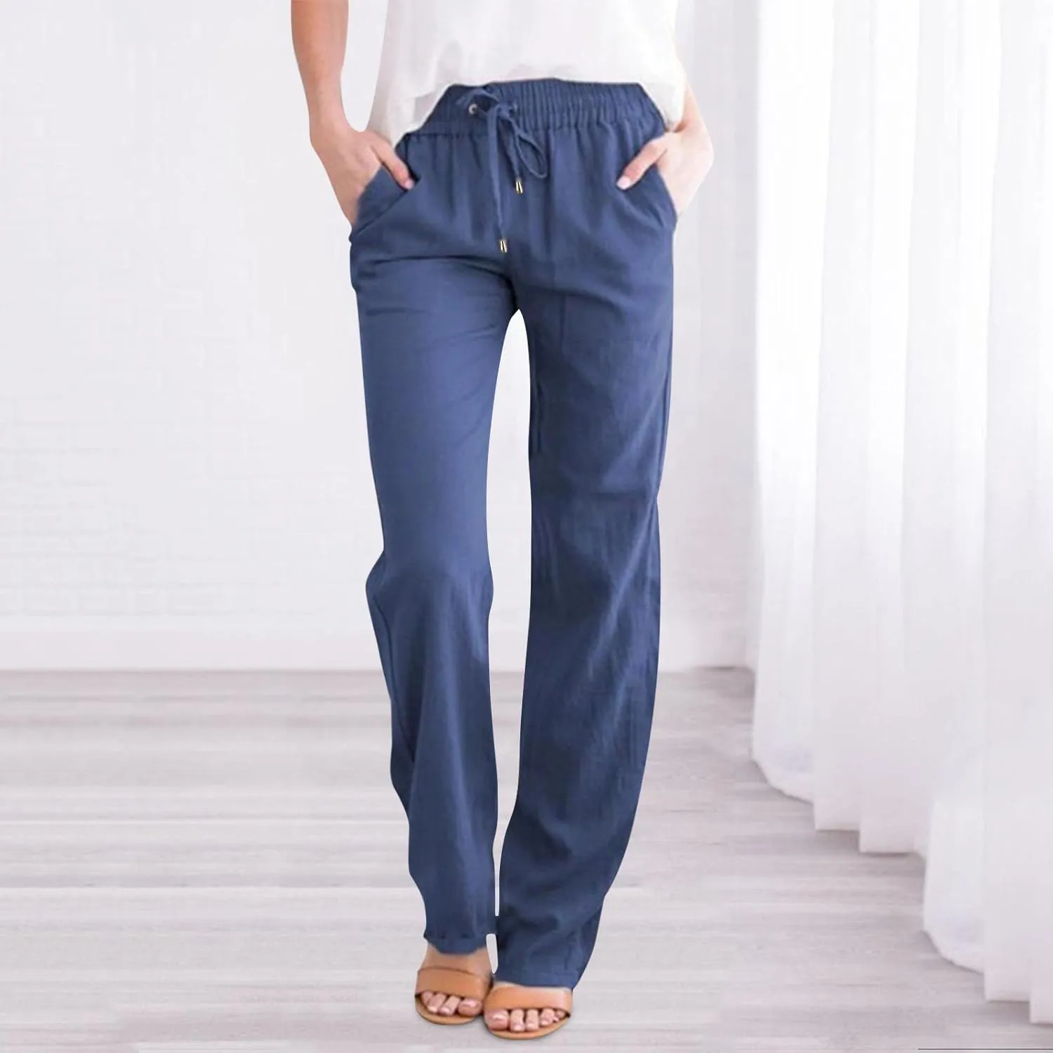 Women Summer Linen Cotton Trousers Drawstring Elastic High Waisted Casual Pants Straight Leg Beach Lounge Pants with Pocket
