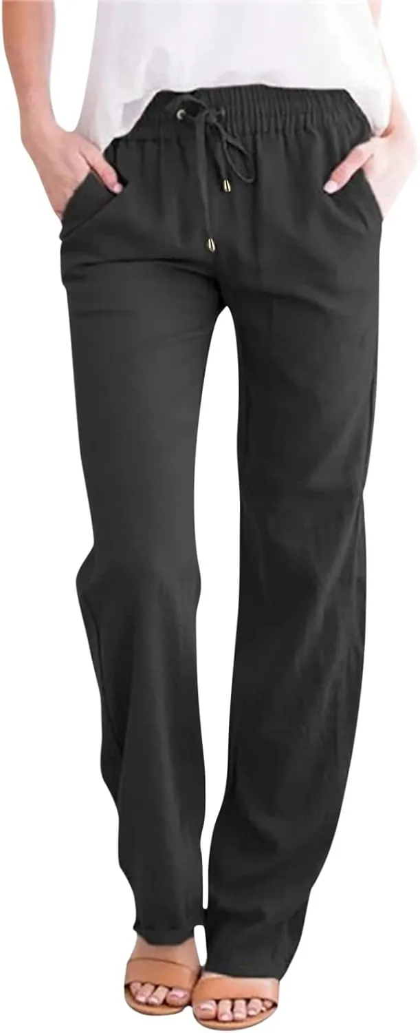 Women Summer Linen Cotton Trousers Drawstring Elastic High Waisted Casual Pants Straight Leg Beach Lounge Pants with Pocket