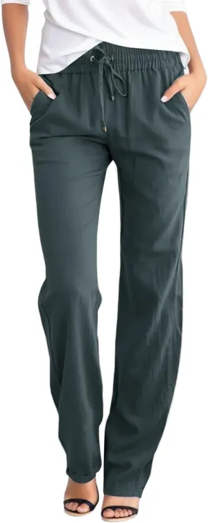 Women Summer Straight Leg Pants Linen Cotton Comy Baggy Casual Trousers Drawstring Elastic Waist Solid Pants with Pocket