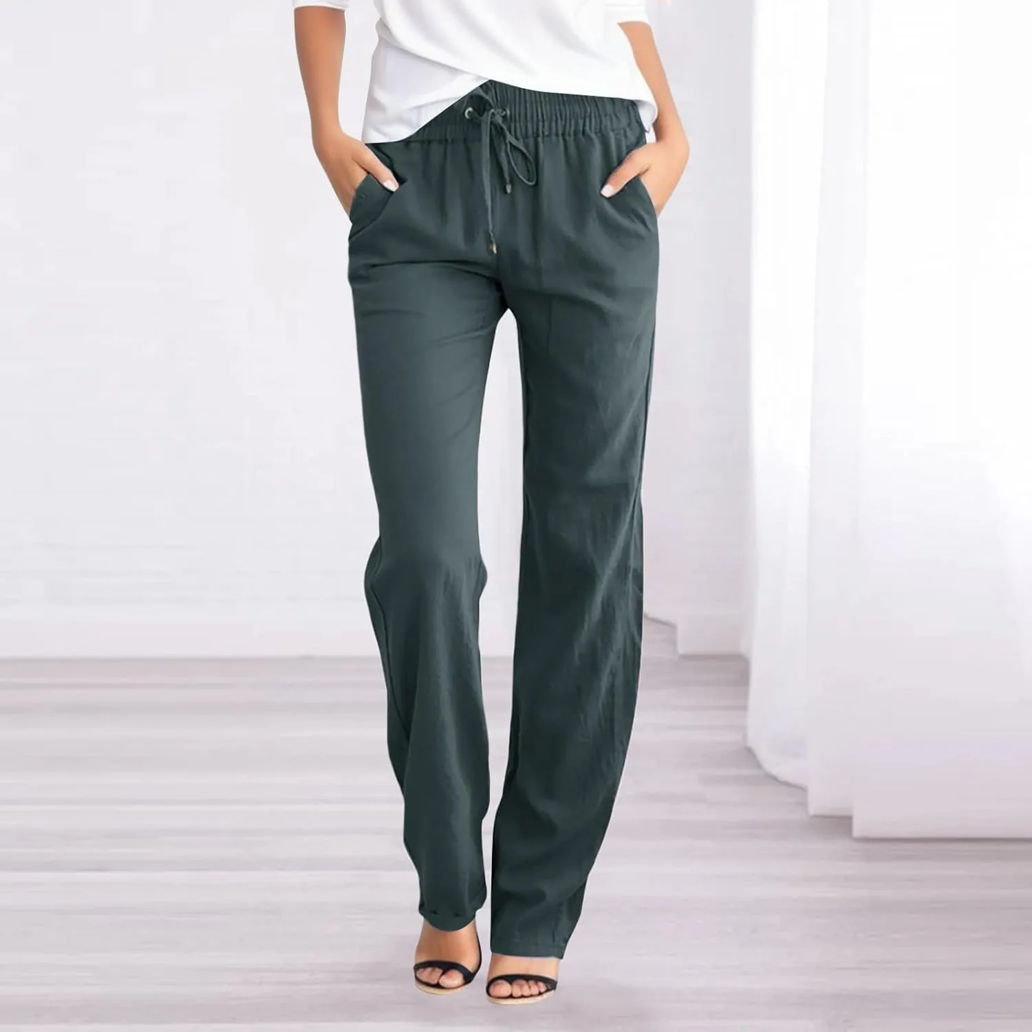 Women Summer Straight Leg Pants Linen Cotton Comy Baggy Casual Trousers Drawstring Elastic Waist Solid Pants with Pocket
