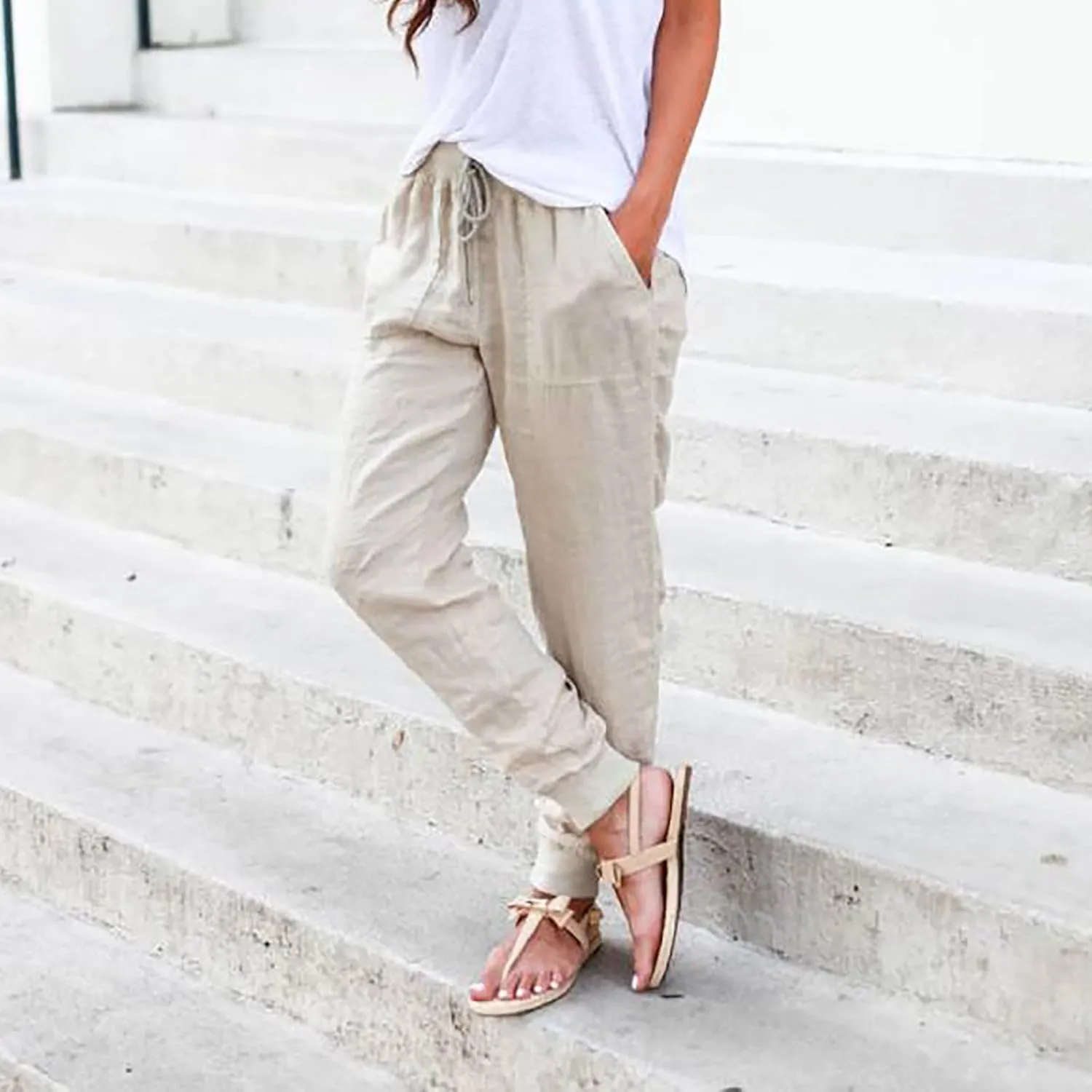 Women Summer Tapered Pants Linen Cotton Casual Drawstring Elastic Waist Pants Loose Fit Solid Lounge Trousers with Pockets