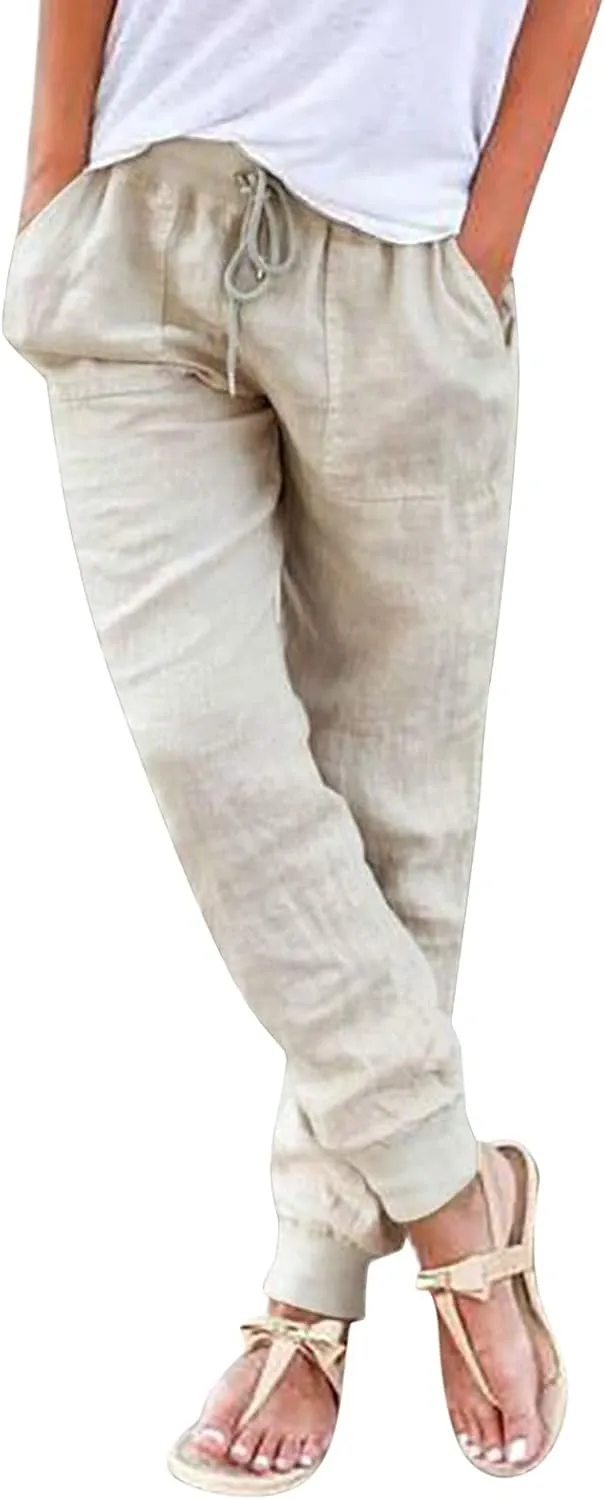 Women Summer Tapered Pants Linen Cotton Casual Drawstring Elastic Waist Pants Loose Fit Solid Lounge Trousers with Pockets