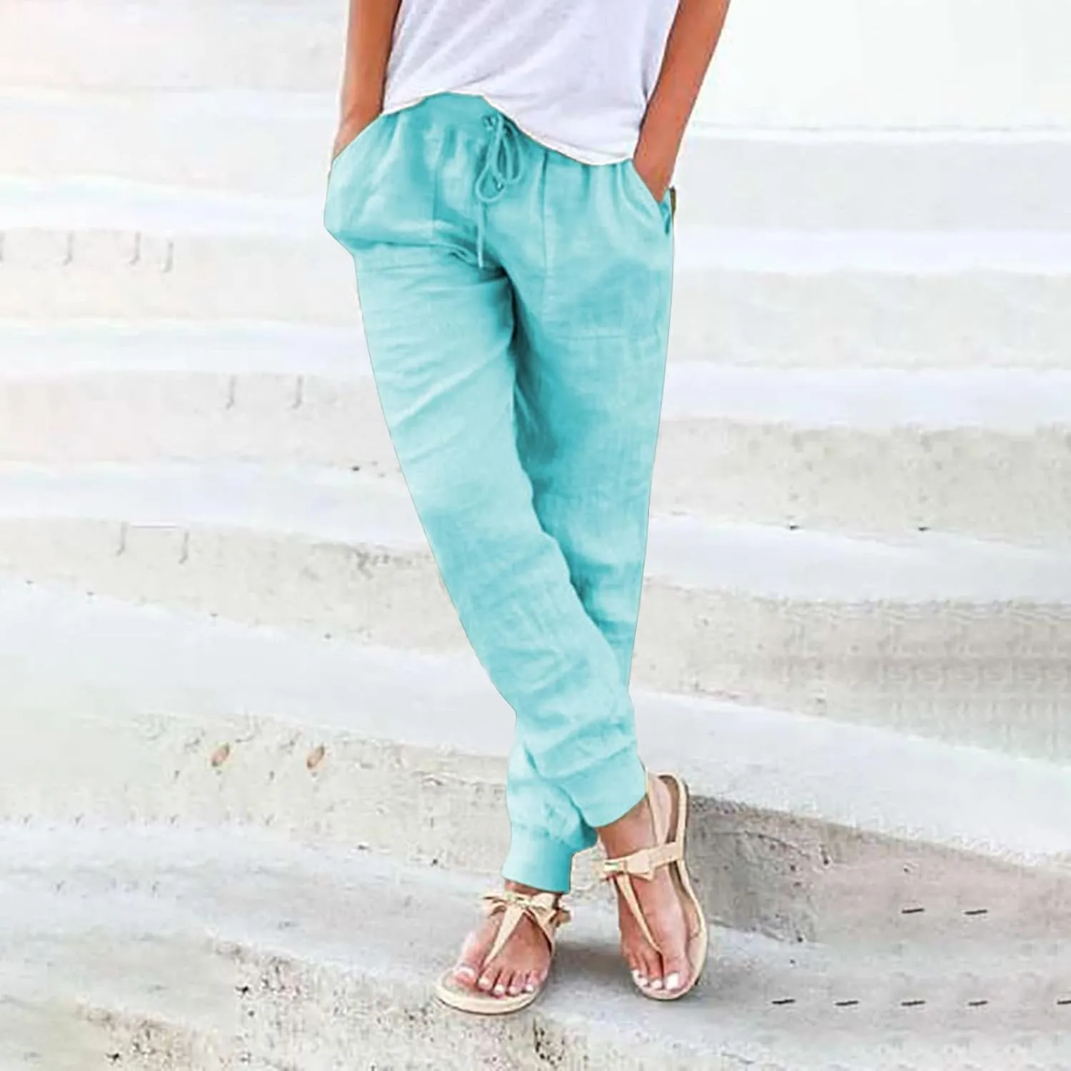 Women Summer Tapered Pants Linen Cotton Casual Drawstring Elastic Waist Pants Loose Fit Solid Lounge Trousers with Pockets