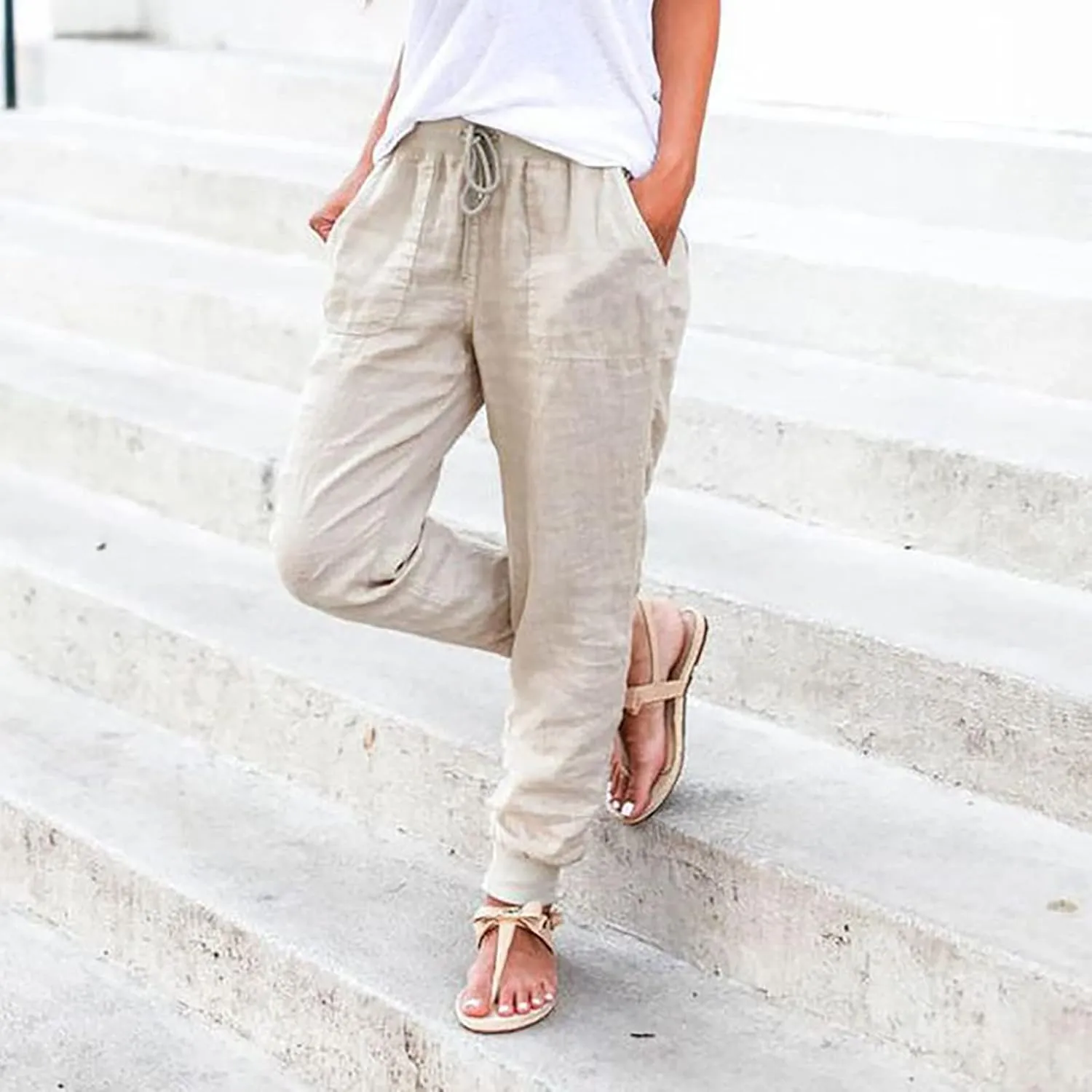Women Summer Tapered Pants Linen Cotton Casual Drawstring Elastic Waist Pants Loose Fit Solid Lounge Trousers with Pockets