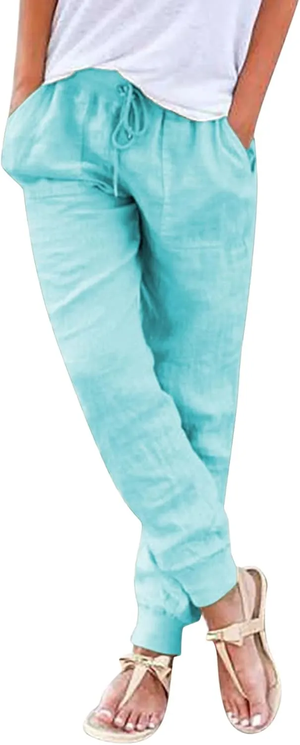 Women Summer Tapered Pants Linen Cotton Casual Drawstring Elastic Waist Pants Loose Fit Solid Lounge Trousers with Pockets