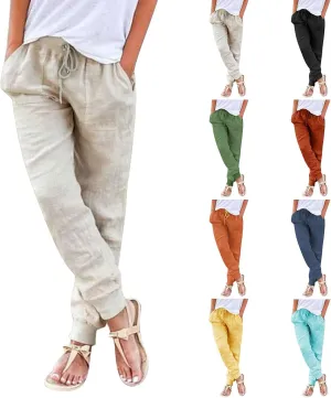 Women Tapered Linen Pants 2024 Summer Cotton Drawstring Elastic Waist Trousers Casual Baggy Comfy Solid Pants with Pockets