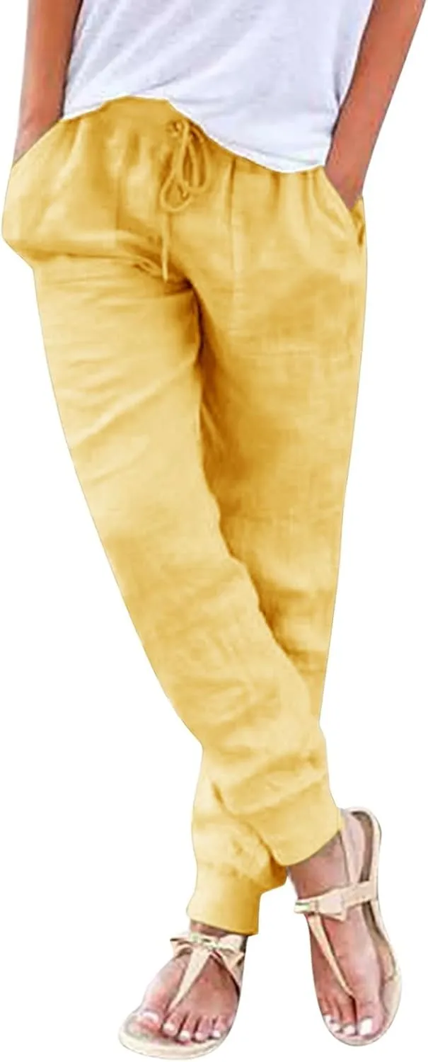 Women Tapered Linen Pants 2024 Summer Cotton Drawstring Elastic Waist Trousers Casual Baggy Comfy Solid Pants with Pockets