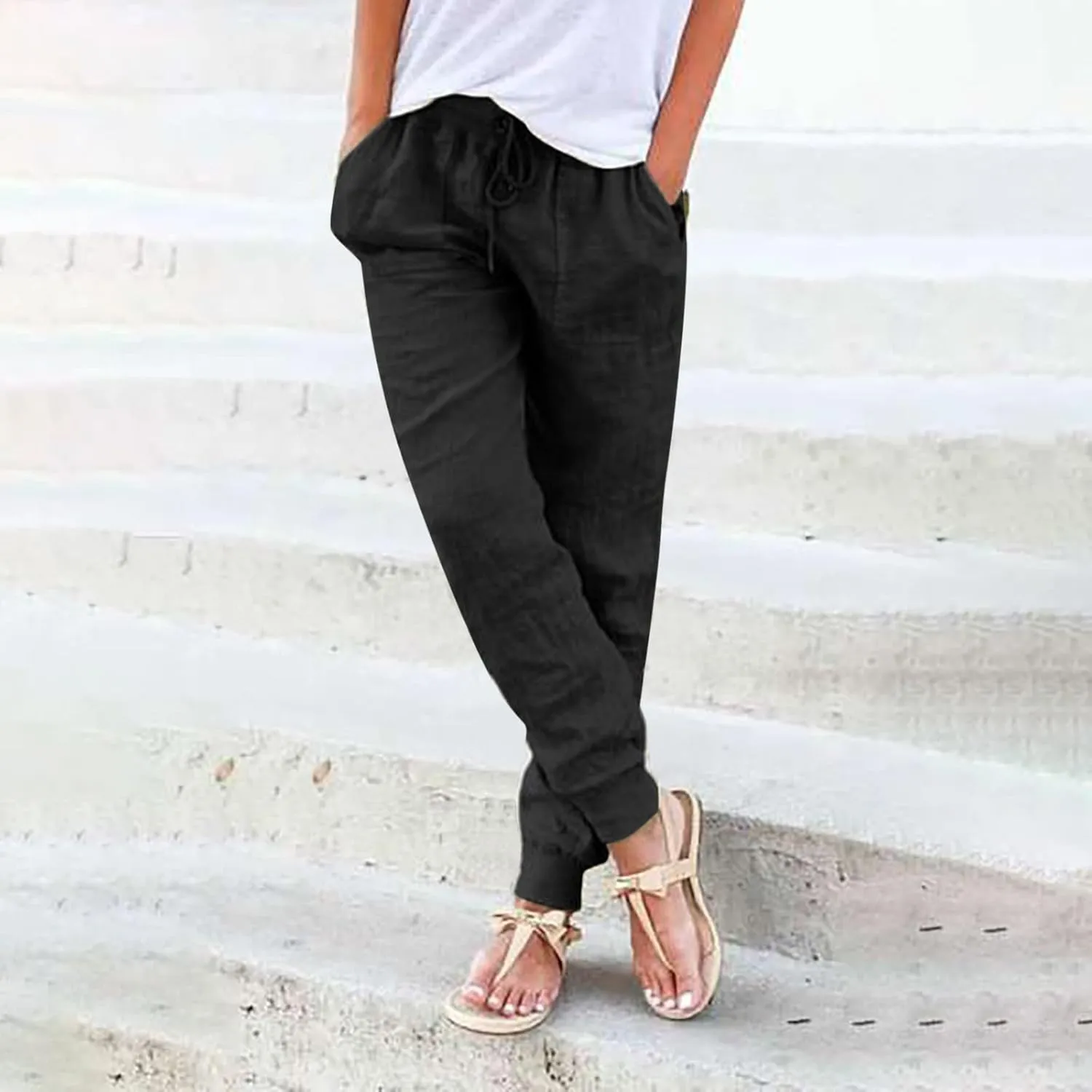 Women Tapered Linen Pants 2024 Summer Cotton Drawstring Elastic Waist Trousers Casual Baggy Comfy Solid Pants with Pockets