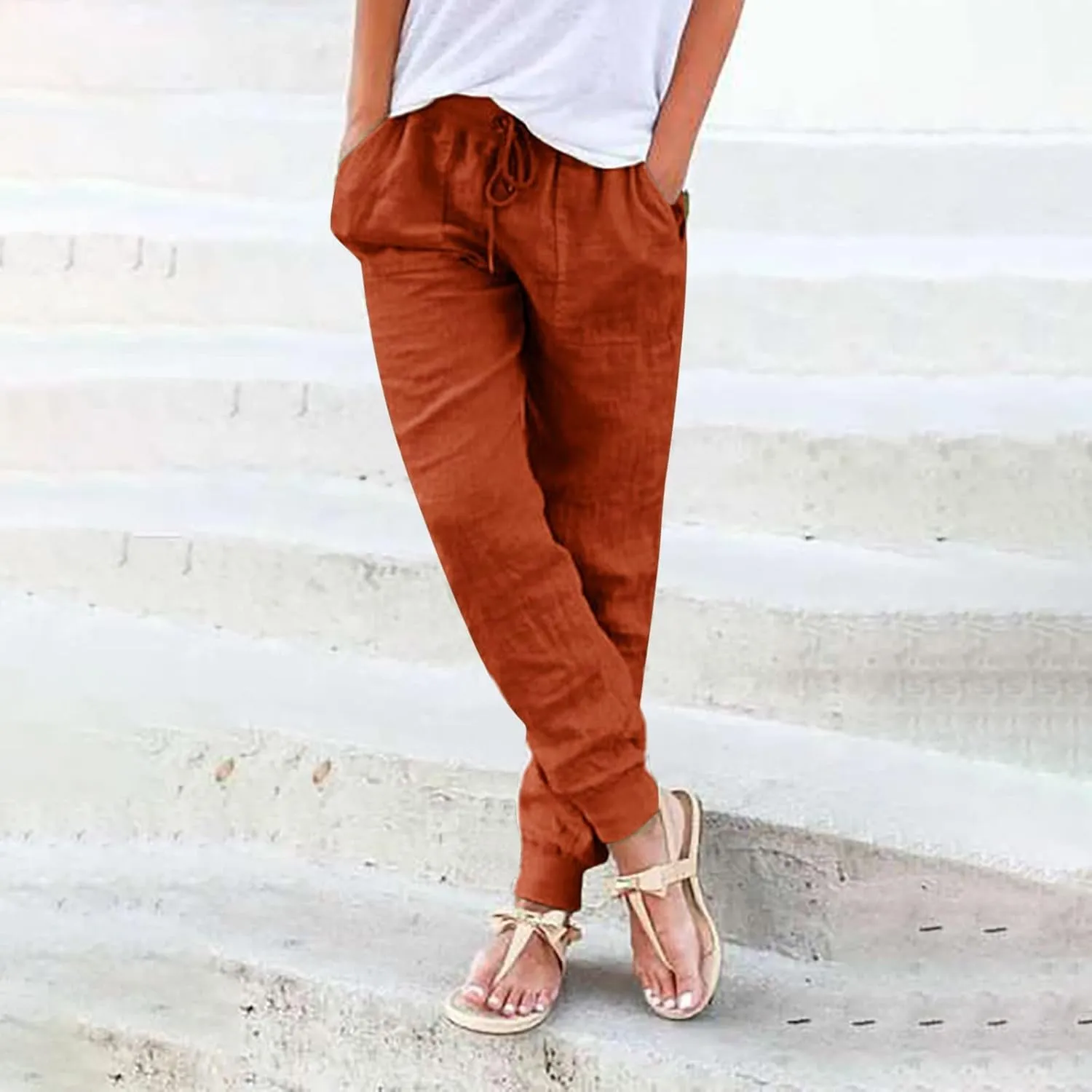 Women Tapered Linen Pants 2024 Summer Cotton Drawstring Elastic Waist Trousers Casual Baggy Comfy Solid Pants with Pockets