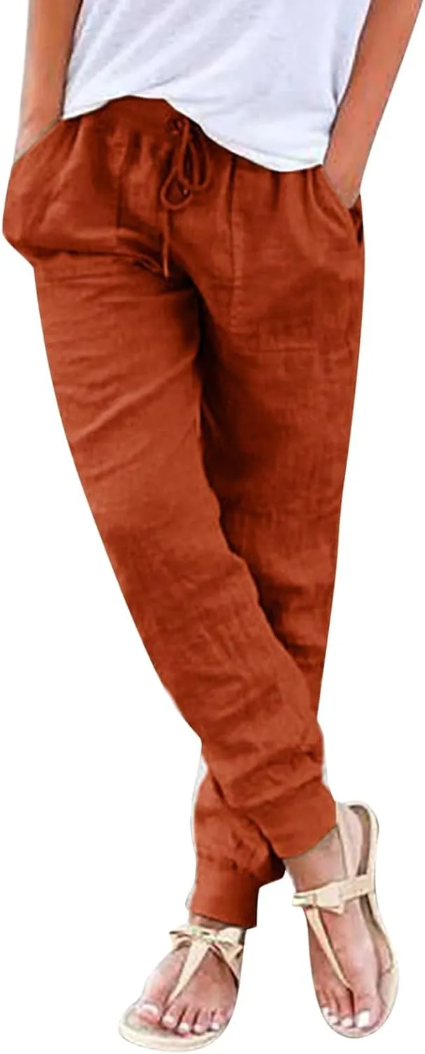 Women Tapered Linen Pants 2024 Summer Cotton Drawstring Elastic Waist Trousers Casual Baggy Comfy Solid Pants with Pockets