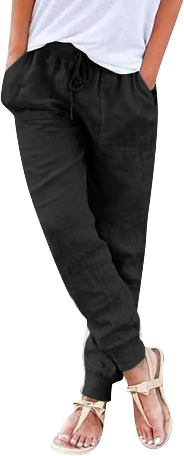 Women Tapered Linen Pants 2024 Summer Cotton Drawstring Elastic Waist Trousers Casual Baggy Comfy Solid Pants with Pockets