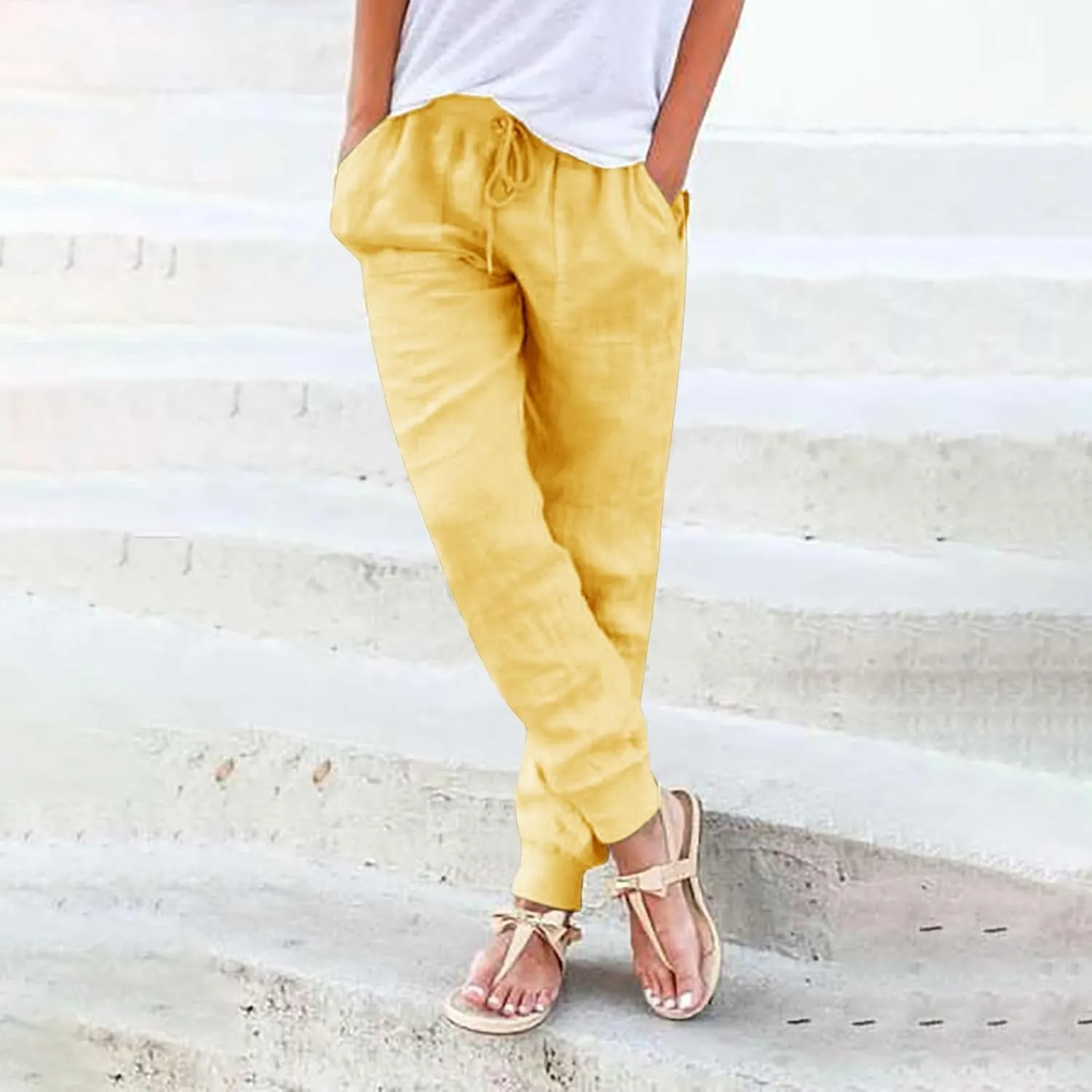 Women Tapered Linen Pants 2024 Summer Cotton Drawstring Elastic Waist Trousers Casual Baggy Comfy Solid Pants with Pockets