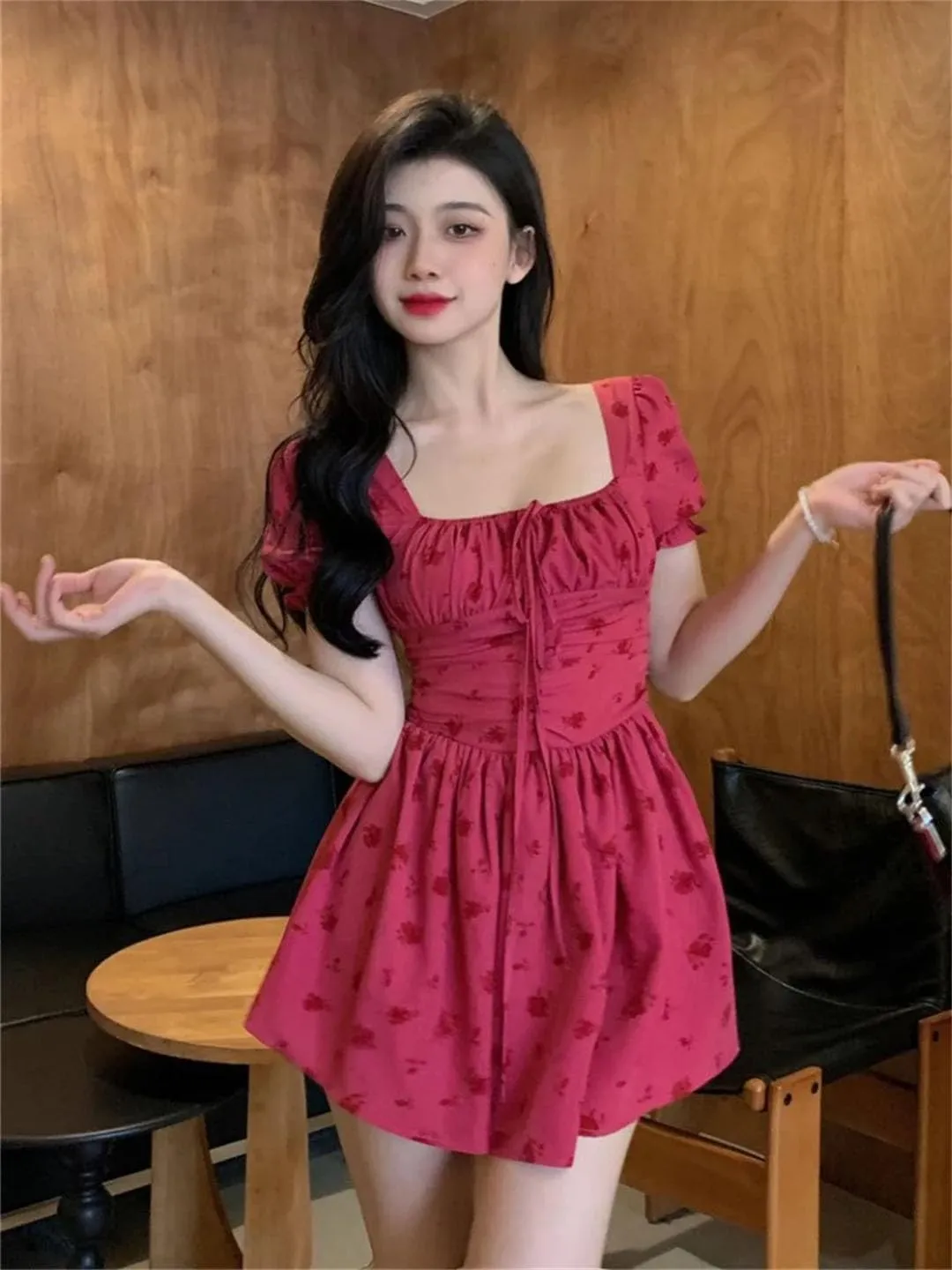 Women Vintage Floral Dresses Puff Sleeve French Style Mini Hotsweet Lace-Up Dresses