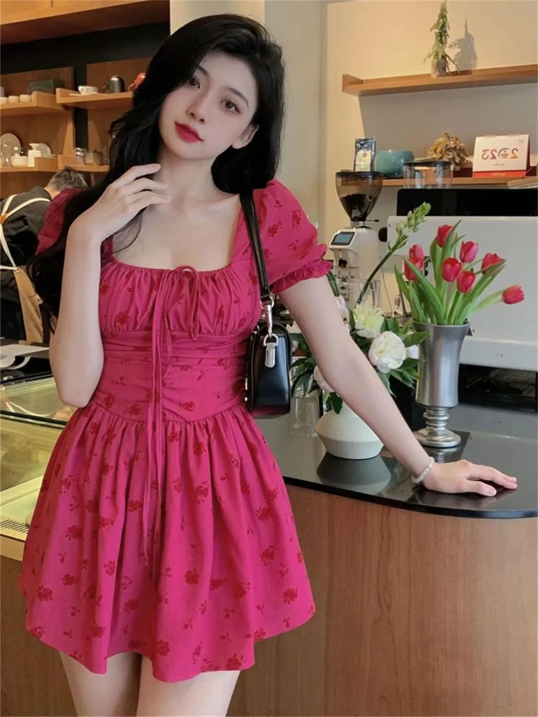 Women Vintage Floral Dresses Puff Sleeve French Style Mini Hotsweet Lace-Up Dresses