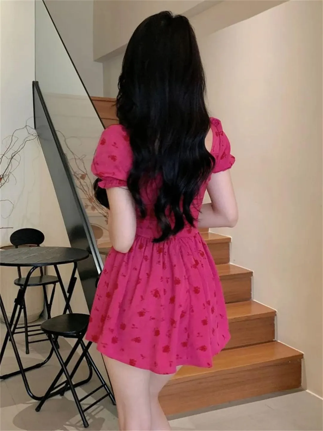 Women Vintage Floral Dresses Puff Sleeve French Style Mini Hotsweet Lace-Up Dresses