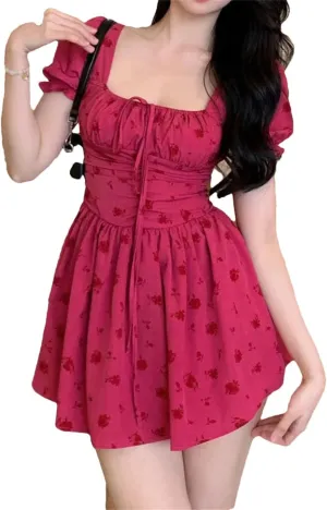 Women Vintage Floral Dresses Puff Sleeve French Style Mini Hotsweet Lace-Up Dresses