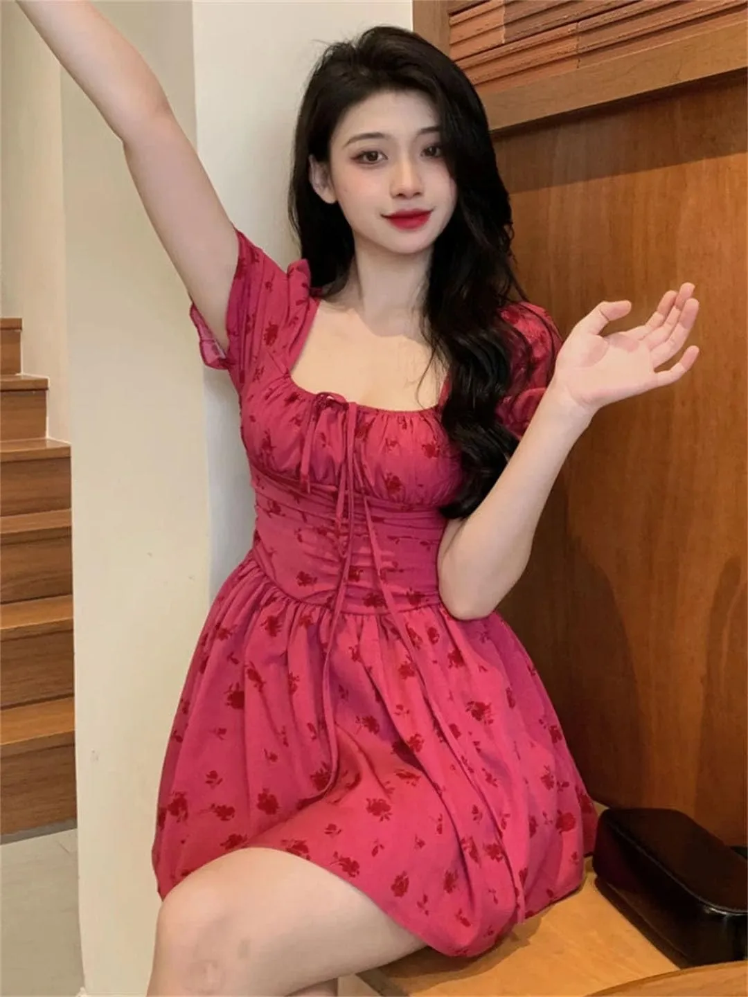 Women Vintage Floral Dresses Puff Sleeve French Style Mini Hotsweet Lace-Up Dresses