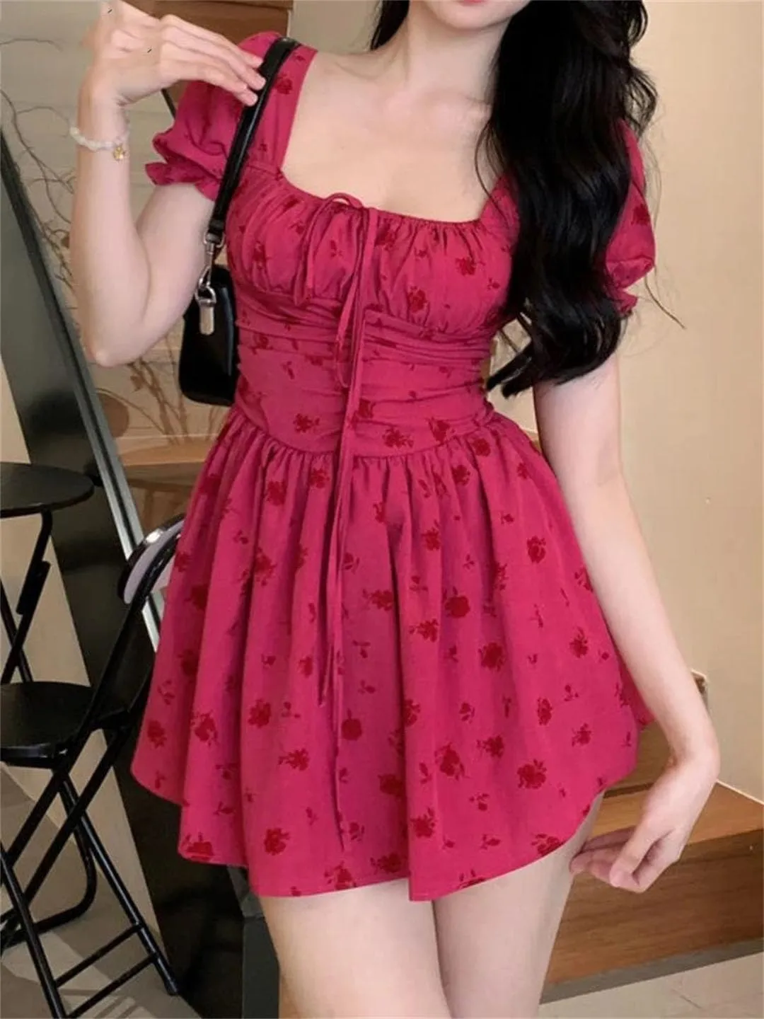 Women Vintage Floral Dresses Puff Sleeve French Style Mini Hotsweet Lace-Up Dresses