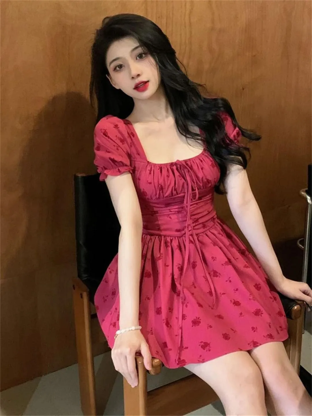 Women Vintage Floral Dresses Puff Sleeve French Style Mini Hotsweet Lace-Up Dresses