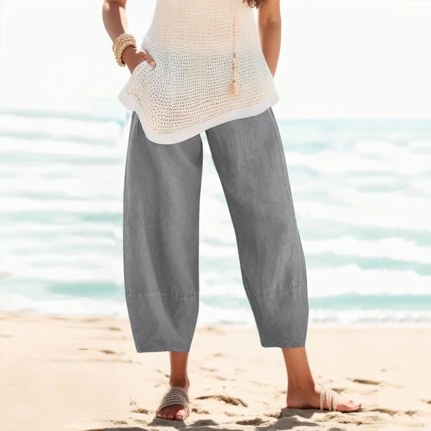 Women Wide Leg Cotton Linen Capris Summer Elastic Waist Casual Pants Baggy Brethable Palazzo Cropped Trousers with Pockets