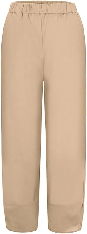 Women Wide Leg Cotton Linen Capris Summer Elastic Waist Casual Pants Baggy Brethable Palazzo Cropped Trousers with Pockets