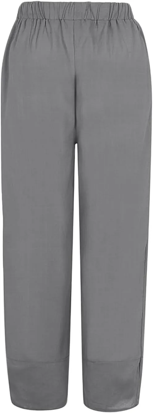 Women Wide Leg Cotton Linen Capris Summer Elastic Waist Casual Pants Baggy Brethable Palazzo Cropped Trousers with Pockets