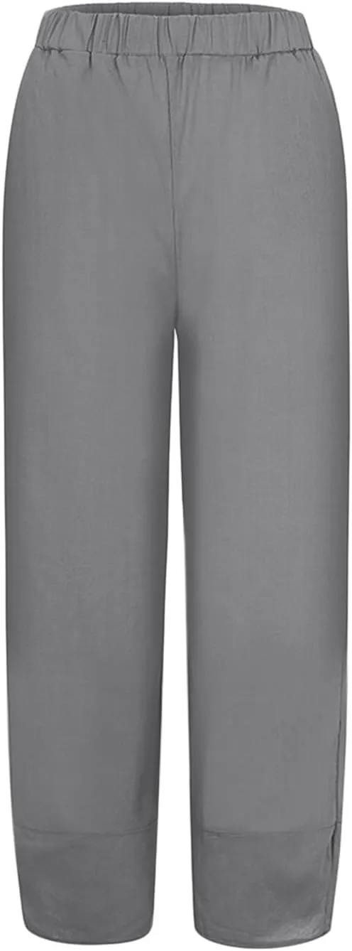Women Wide Leg Cotton Linen Capris Summer Elastic Waist Casual Pants Baggy Brethable Palazzo Cropped Trousers with Pockets