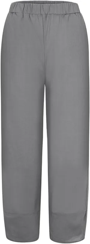 Women Wide Leg Cotton Linen Capris Summer Elastic Waist Casual Pants Baggy Brethable Palazzo Cropped Trousers with Pockets
