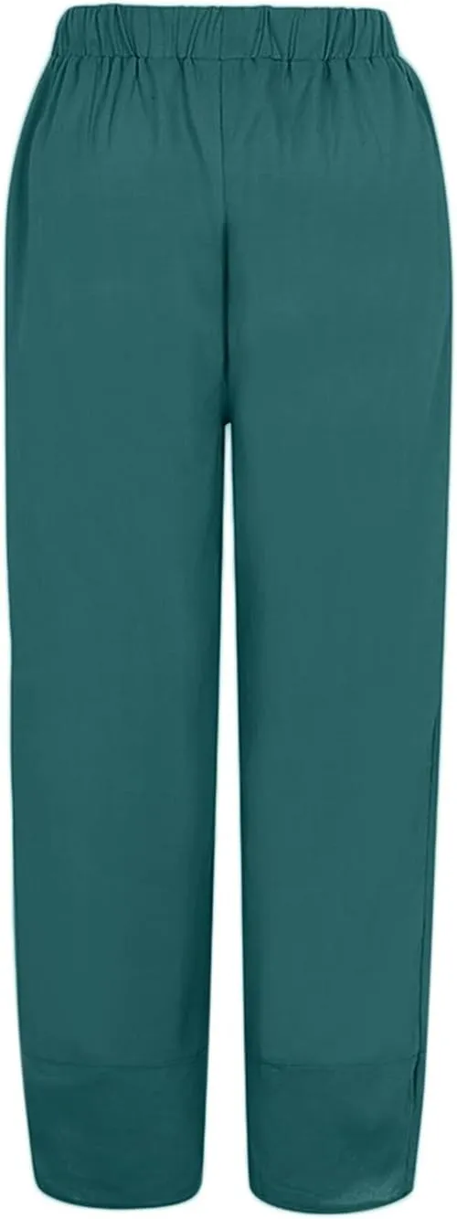 Women Wide Leg Cotton Linen Capris Summer Elastic Waist Casual Pants Baggy Brethable Palazzo Cropped Trousers with Pockets