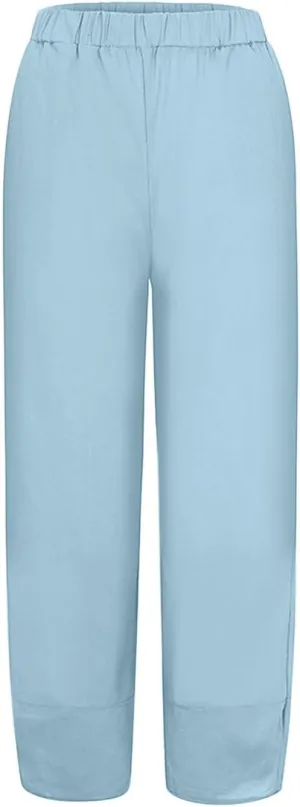 Women Wide Leg Cotton Linen Capris Summer Elastic Waist Casual Pants Baggy Brethable Palazzo Cropped Trousers with Pockets