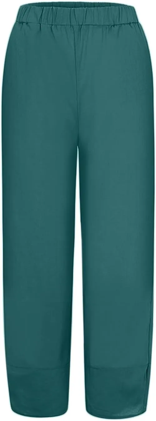 Women Wide Leg Cotton Linen Capris Summer Elastic Waist Casual Pants Baggy Brethable Palazzo Cropped Trousers with Pockets
