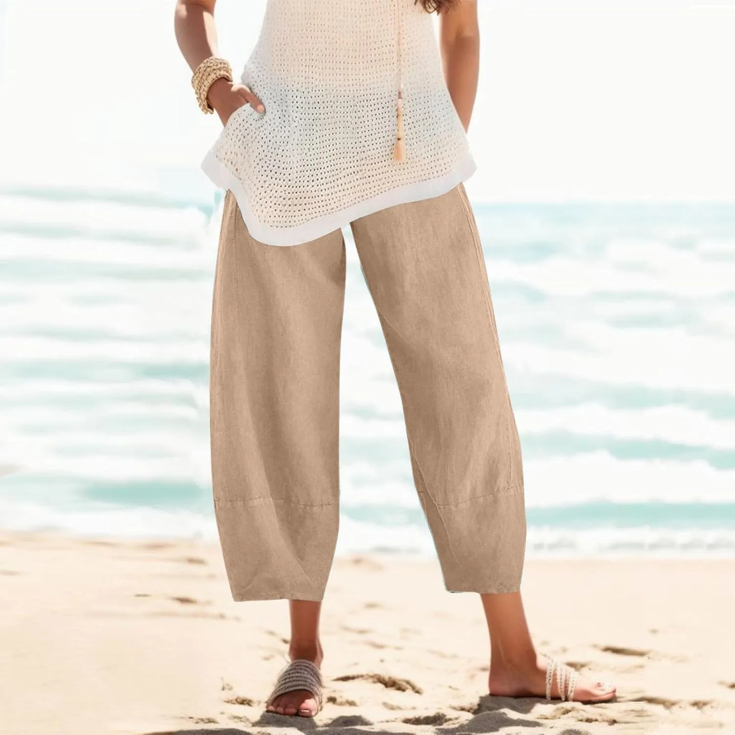 Women Wide Leg Cotton Linen Capris Summer Elastic Waist Casual Pants Baggy Brethable Palazzo Cropped Trousers with Pockets