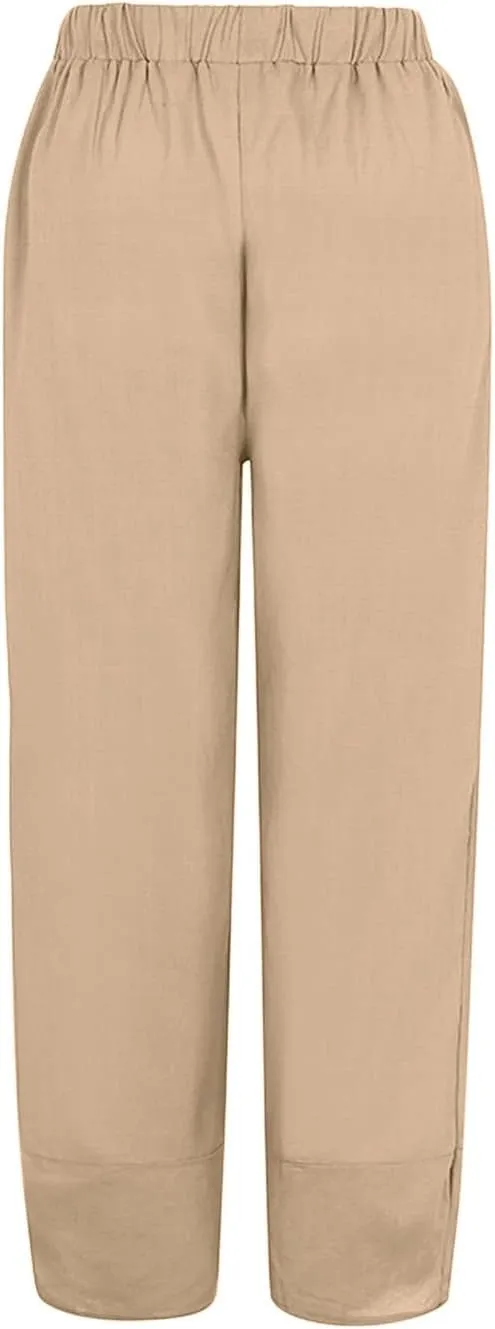 Women Wide Leg Cotton Linen Capris Summer Elastic Waist Casual Pants Baggy Brethable Palazzo Cropped Trousers with Pockets