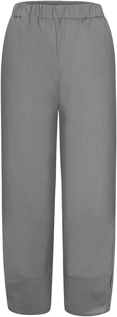 Women Wide Leg Cotton Linen Capris Summer Elastic Waist Casual Pants Baggy Brethable Palazzo Cropped Trousers with Pockets