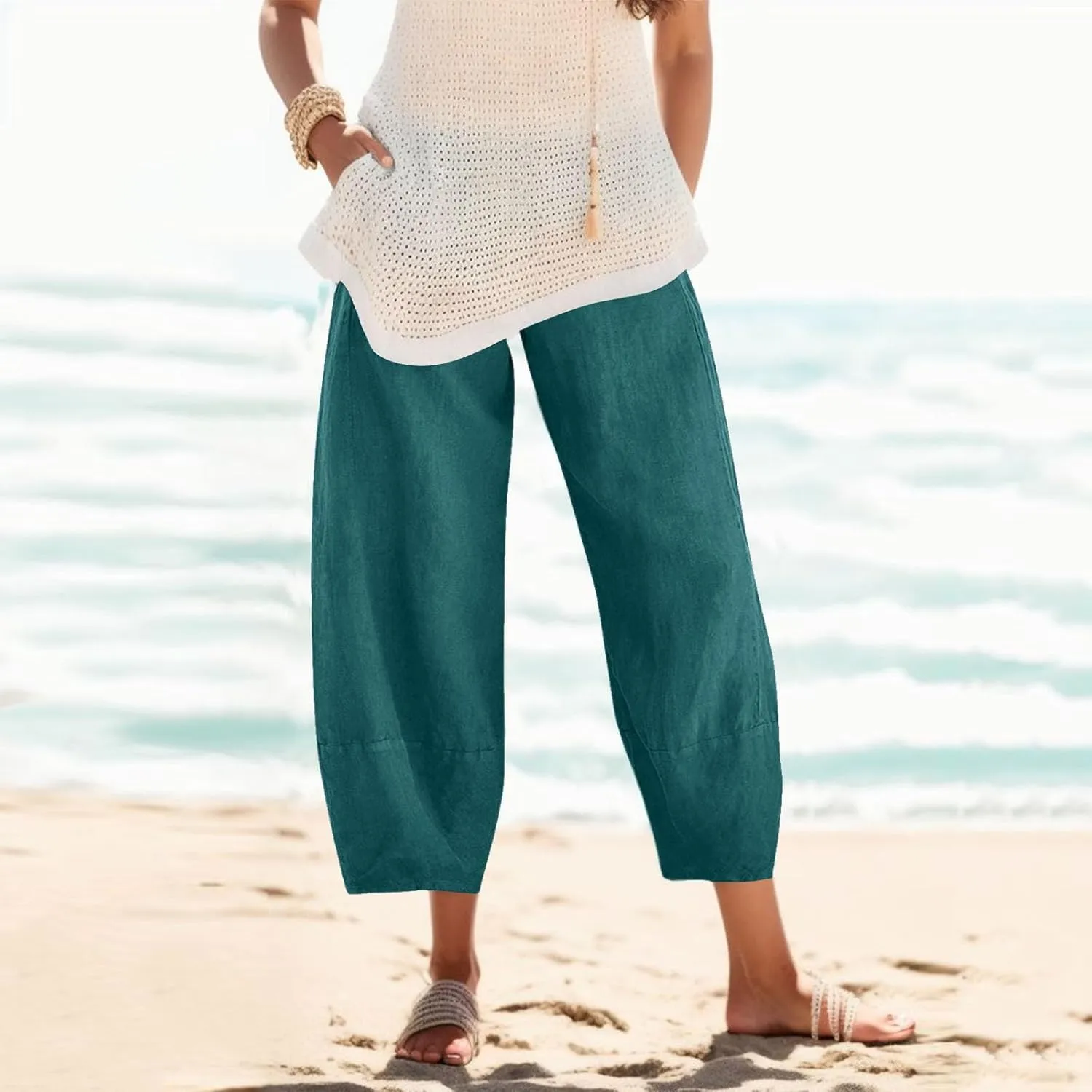 Women Wide Leg Cotton Linen Capris Summer Elastic Waist Casual Pants Baggy Brethable Palazzo Cropped Trousers with Pockets