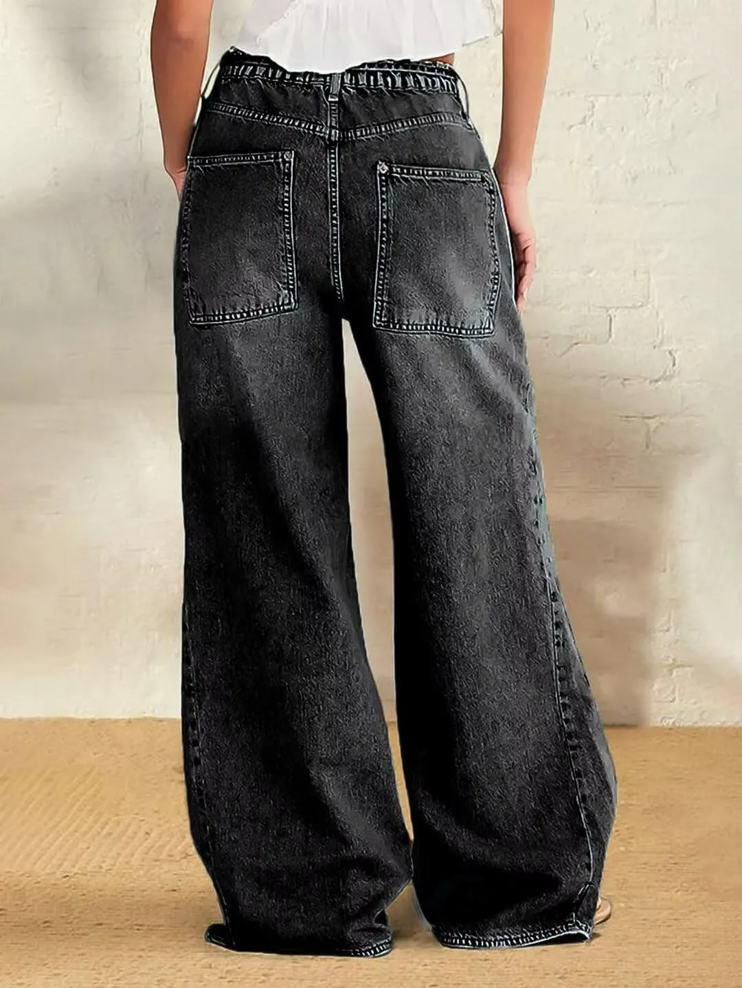Women Wide Leg Jeans Elastic Mid Waist Belt Baggy Jeans Loose Casual Boyfriend Y2K Denim Pants with Pockets