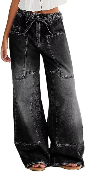 Women Wide Leg Jeans Elastic Mid Waist Belt Baggy Jeans Loose Casual Boyfriend Y2K Denim Pants with Pockets