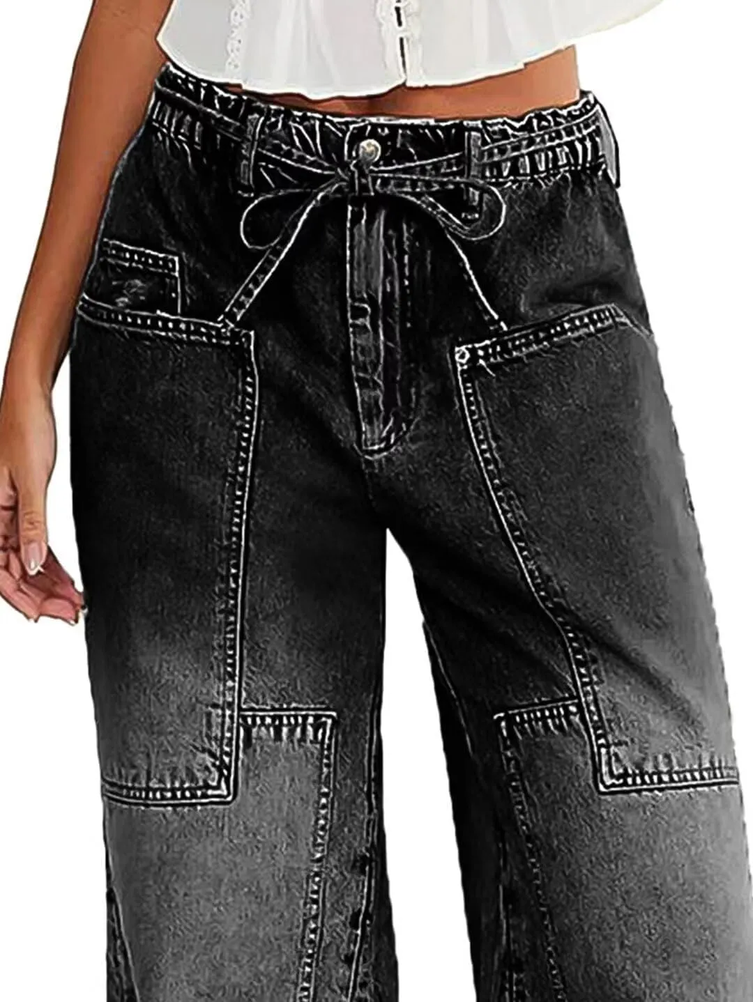 Women Wide Leg Jeans Elastic Mid Waist Belt Baggy Jeans Loose Casual Boyfriend Y2K Denim Pants with Pockets