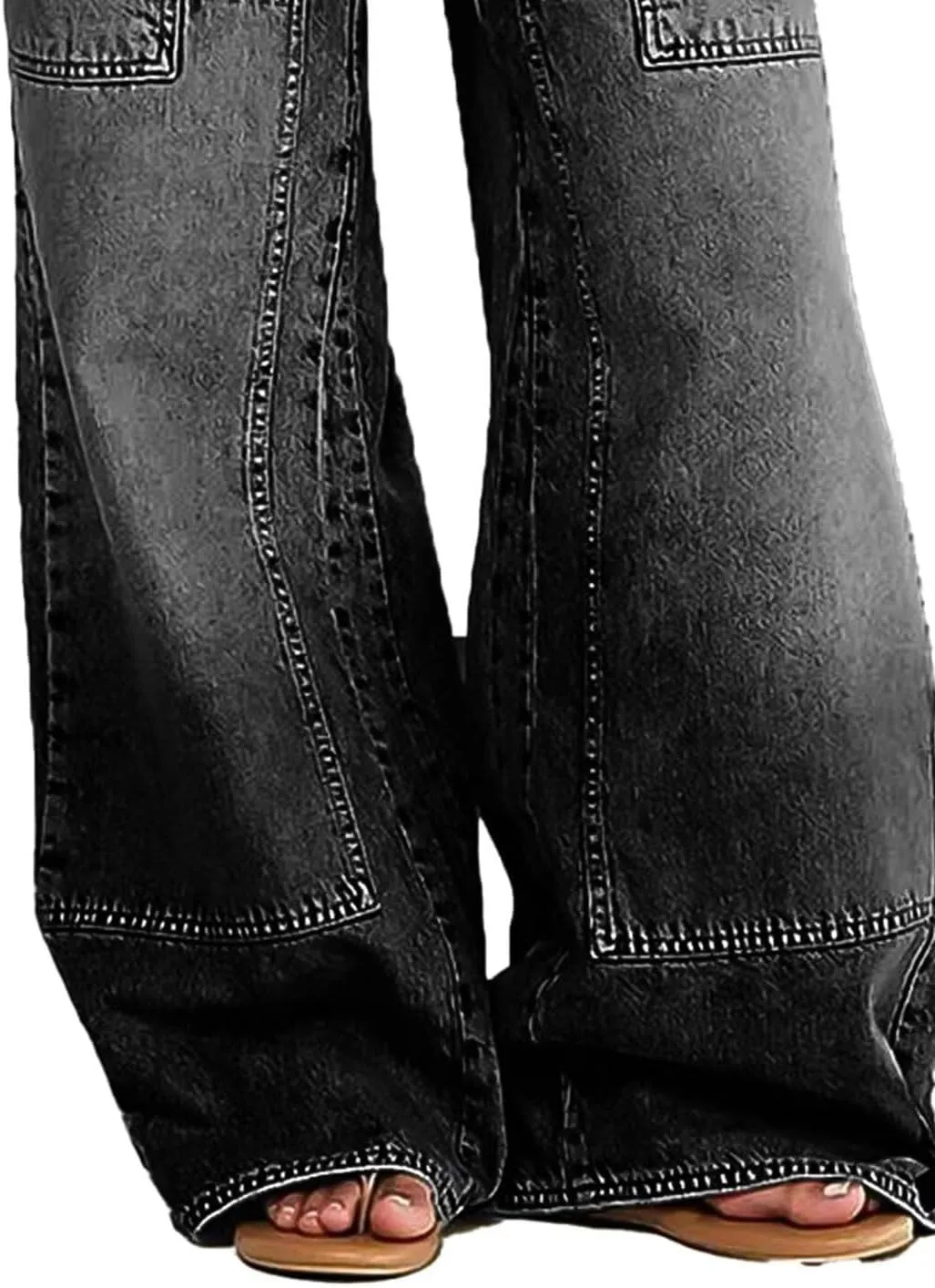 Women Wide Leg Jeans Elastic Mid Waist Belt Baggy Jeans Loose Casual Boyfriend Y2K Denim Pants with Pockets