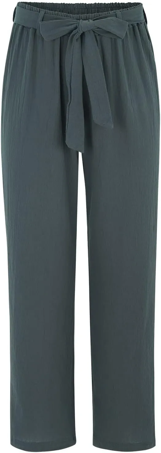 Women Wide Leg Linen Cotton Pants High Waisted Tie Knot Palazzo Trousers Baggy Casual Summer Solid Lounge Pants with Pocket