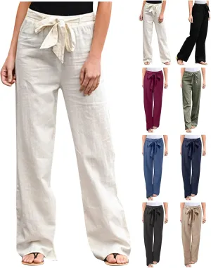 Women Wide Leg Linen Cotton Pants High Waisted Tie Knot Palazzo Trousers Baggy Casual Summer Solid Lounge Pants with Pocket