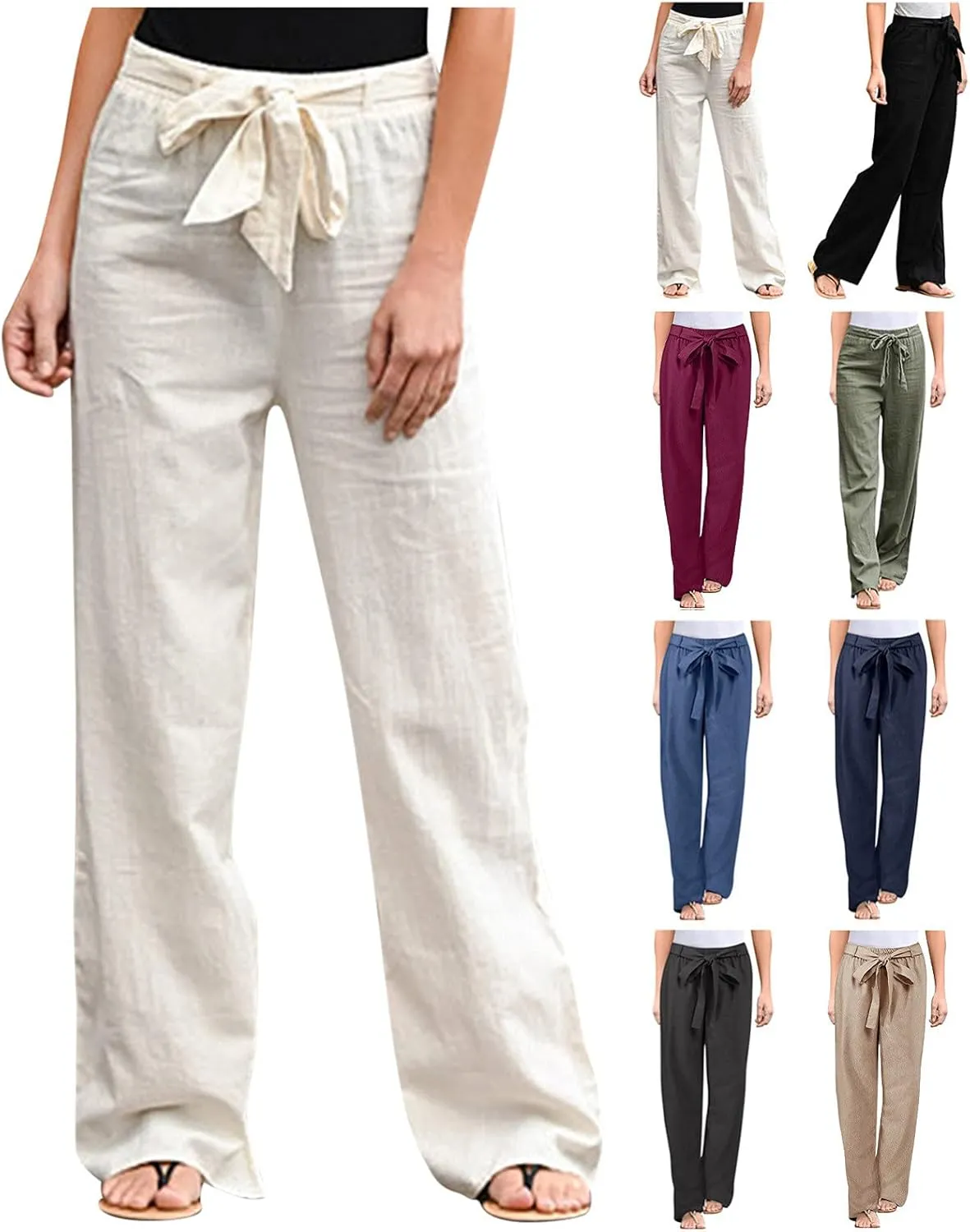 Women Wide Leg Linen Cotton Pants High Waisted Tie Knot Palazzo Trousers Baggy Casual Summer Solid Lounge Pants with Pocket