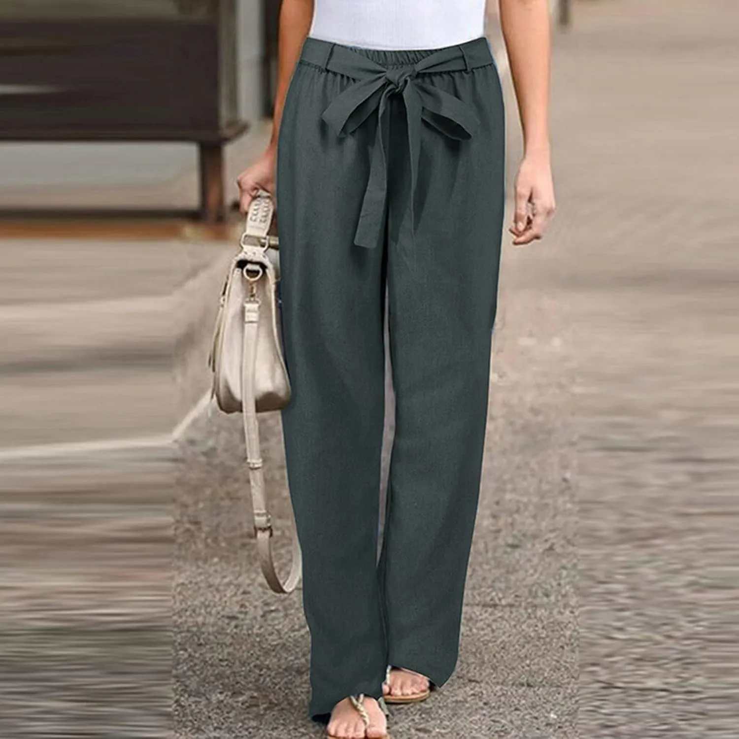 Women Wide Leg Linen Cotton Pants High Waisted Tie Knot Palazzo Trousers Baggy Casual Summer Solid Lounge Pants with Pocket