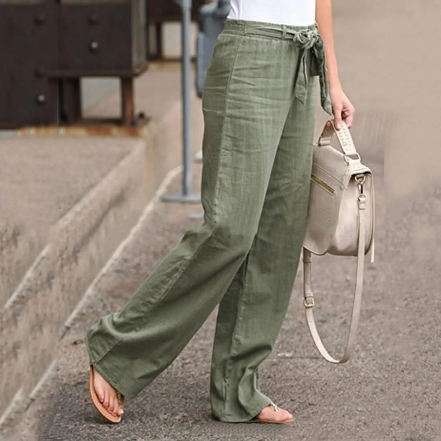 Women Wide Leg Linen Cotton Pants High Waisted Tie Knot Palazzo Trousers Baggy Casual Summer Solid Lounge Pants with Pocket