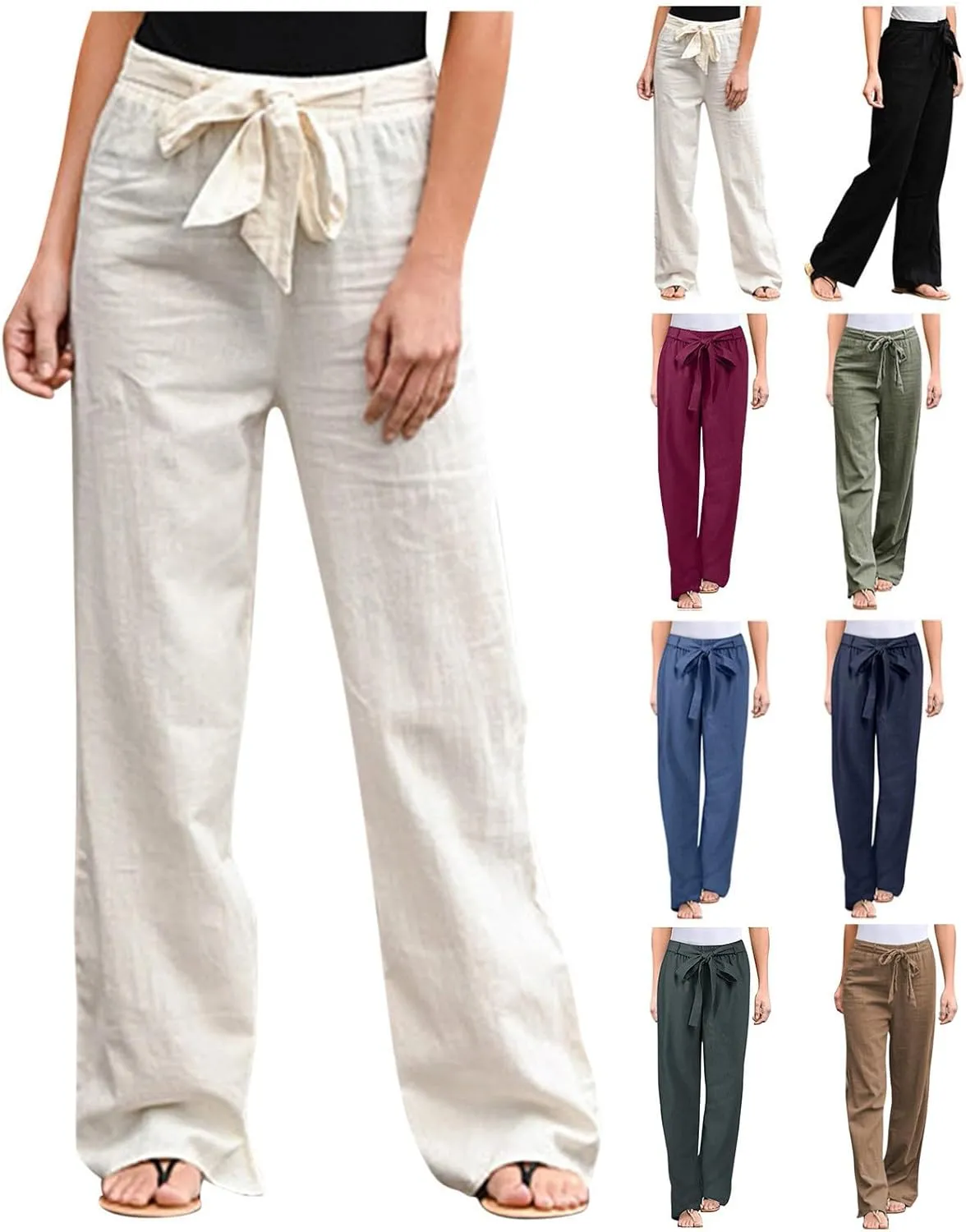 Women Wide Leg Linen Cotton Pants High Waisted Tie Knot Palazzo Trousers Baggy Casual Summer Solid Lounge Pants with Pocket