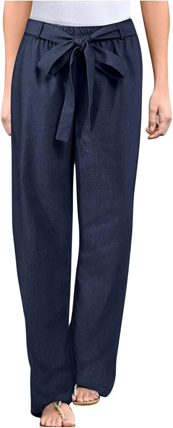 Women Wide Leg Linen Cotton Pants High Waisted Tie Knot Palazzo Trousers Baggy Casual Summer Solid Lounge Pants with Pocket
