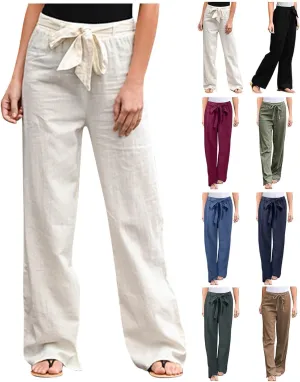 Women Wide Leg Linen Cotton Pants High Waisted Tie Knot Palazzo Trousers Baggy Casual Summer Solid Lounge Pants with Pocket